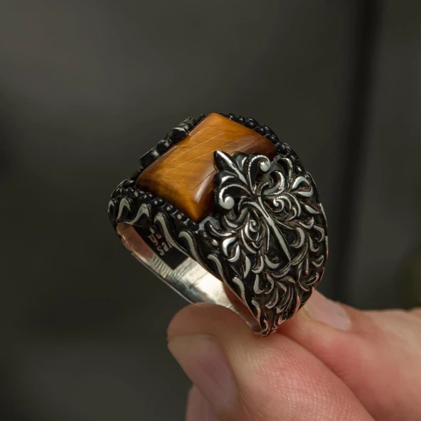 Kaplan Gözü Taşlı  925 Gümüş Erkek Yüzük - Resim 5