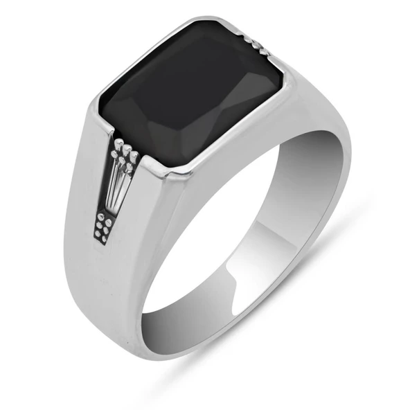 Siyah Zirkon Taşlı 925 Gümüş Erkek Yüzük - Resim 2