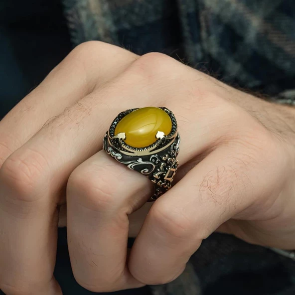 Sarı Akik Taşlı Hünkar Modeli 925 Gümüş Erkek Yüzük - 7