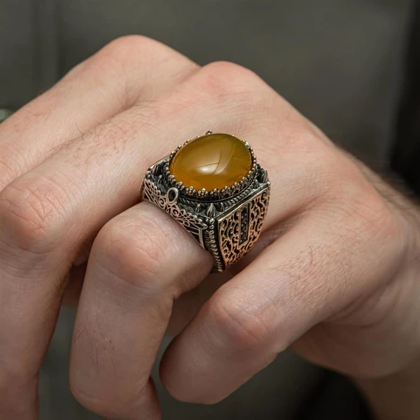 Sarı Akik Taşlı 925 Gümüş Erkek Yüzük - Resim 7