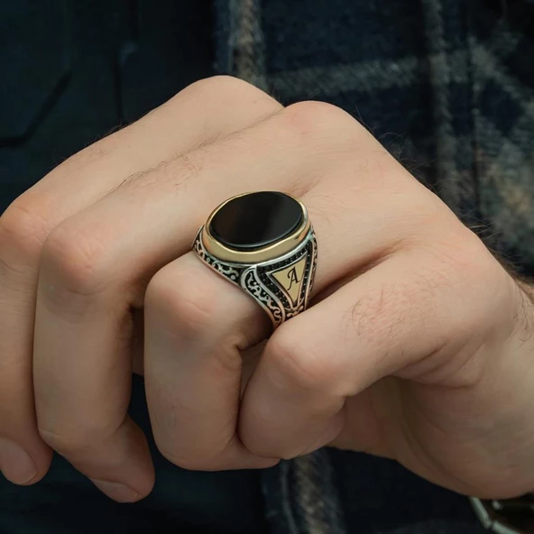 Oniks Taşlı Harfli 925 Gümüş Erkek Yüzük - Resim 7