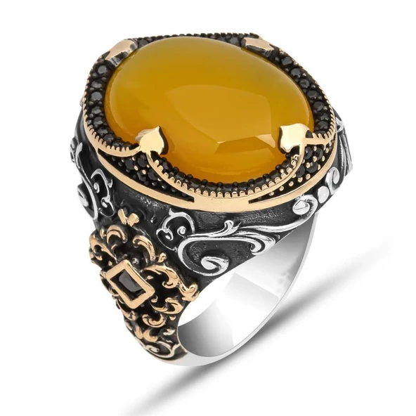 Sarı Akik Taşlı Hünkar Modeli 925 Gümüş Erkek Yüzük - 2