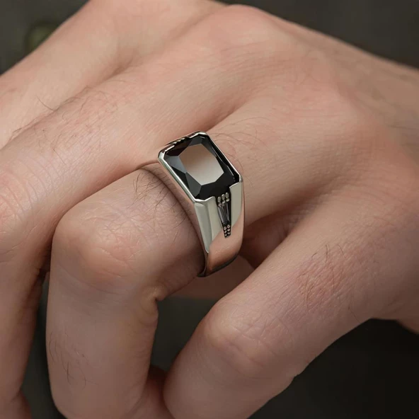Siyah Zirkon Taşlı 925 Gümüş Erkek Yüzük - Resim 5