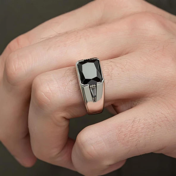 Siyah Zirkon Taşlı 925 Gümüş Erkek Yüzük - Resim 7