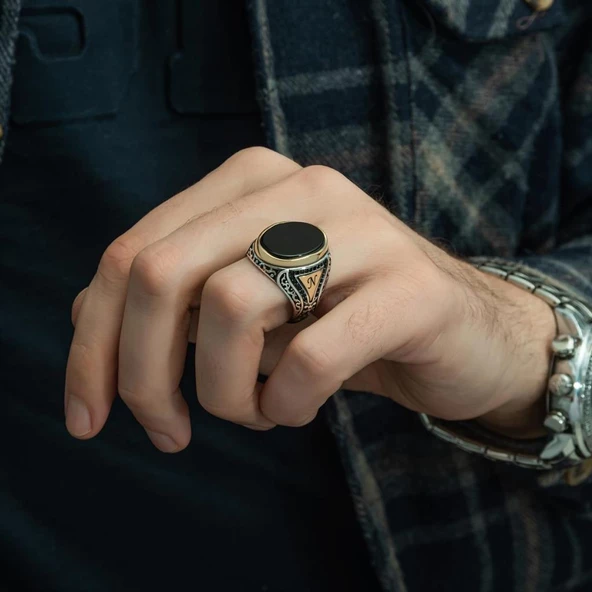 Oniks Taşlı Harfli 925 Gümüş Erkek Yüzük - Resim 6