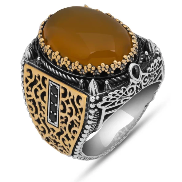 Sarı Akik Taşlı 925 Gümüş Erkek Yüzük - Resim 2