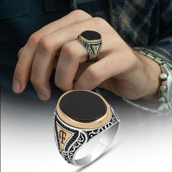 Oniks Taşlı Harfli 925 Gümüş Erkek Yüzük ürün görseli