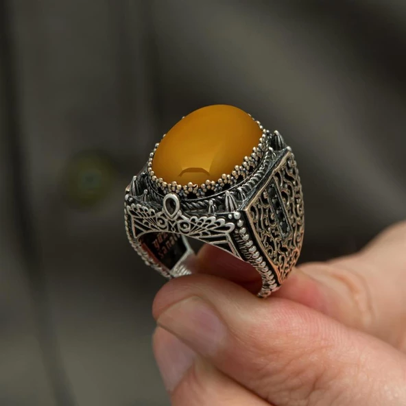 Sarı Akik Taşlı 925 Gümüş Erkek Yüzük - Resim 6
