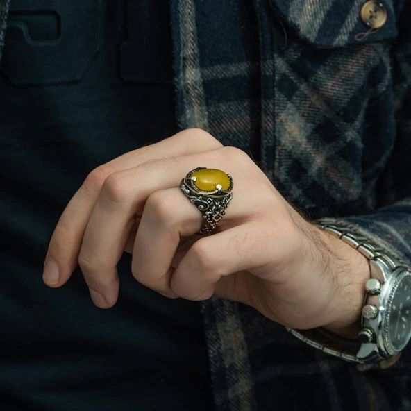 Sarı Akik Taşlı Hünkar Modeli 925 Gümüş Erkek Yüzük - 5