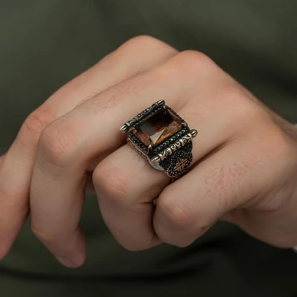 Kare Zultanit Taşlı 925 Gümüş Erkek Yüzük - Resim 3