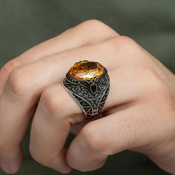 Sitrin Taşlı 925 Gümüş Erkek Yüzük - 6