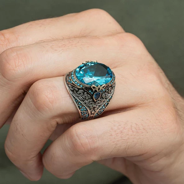 Oval Aqua Mavisi Taşlı 925 Gümüş Erkek Yüzük - Resim 10
