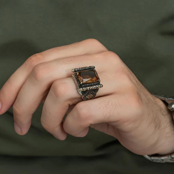 Kare Zultanit Taşlı 925 Gümüş Erkek Yüzük - Resim 6