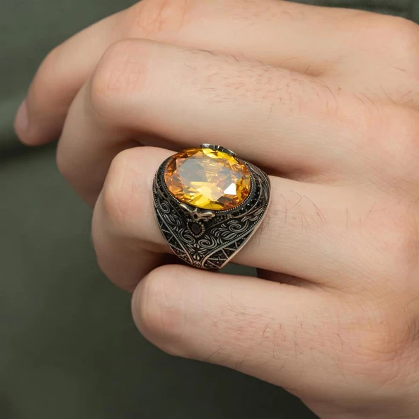 Sitrin Taşlı 925 Gümüş Erkek Yüzük - 5