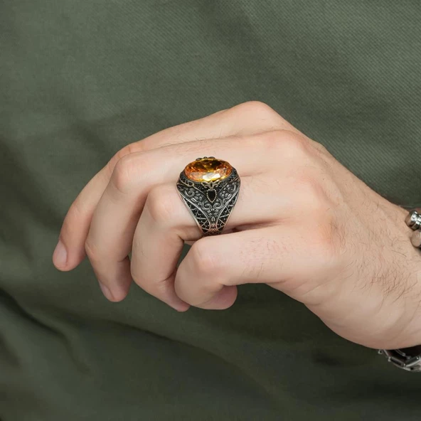 Sitrin Taşlı 925 Gümüş Erkek Yüzük - 9