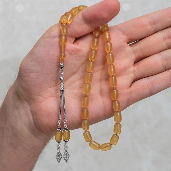 925 Ayar Gümüş Püsküllü Kapsül Kesim Açık Sarı Kehribar Tesbih - 3