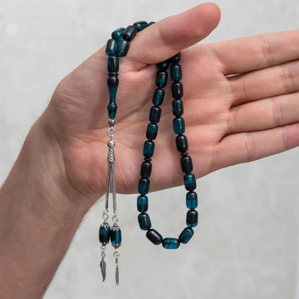 925 Ayar Gümüş Püsküllü Lacivert Renk Kapsül Kesim Kehribar Tesbih - 3