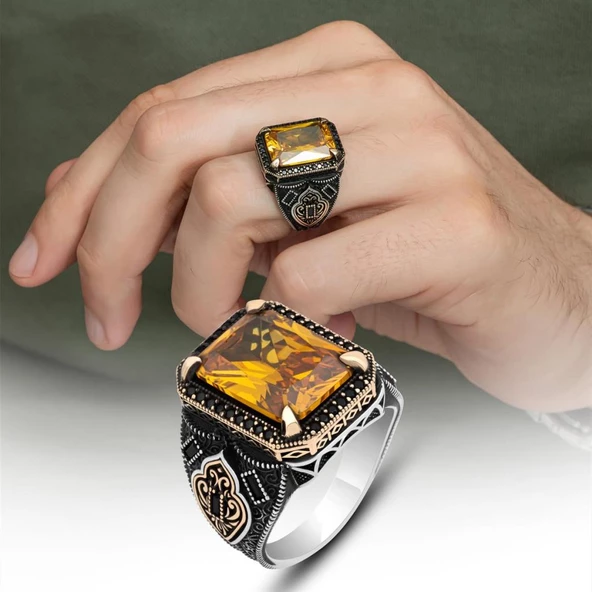 Sitrin Taşlı 925 Gümüş Erkek Yüzük