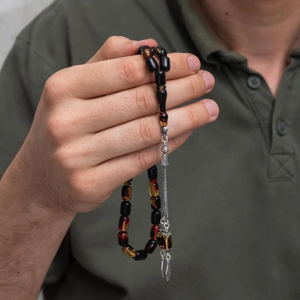 925 Ayar Gümüş Püsküllü Kapsül Kesim Kehribar Tesbih - 2