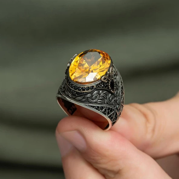 Sitrin Taşlı 925 Gümüş Erkek Yüzük - 4