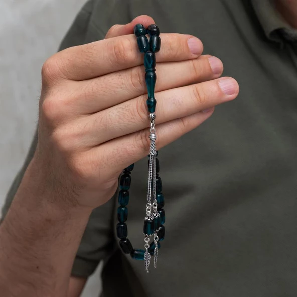 925 Ayar Gümüş Püsküllü Lacivert Renk Kapsül Kesim Kehribar Tesbih - 2