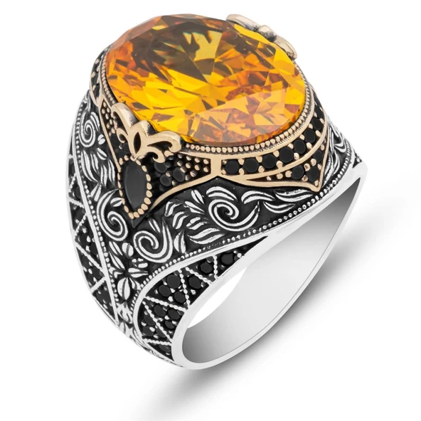 Sitrin Taşlı 925 Gümüş Erkek Yüzük - 2