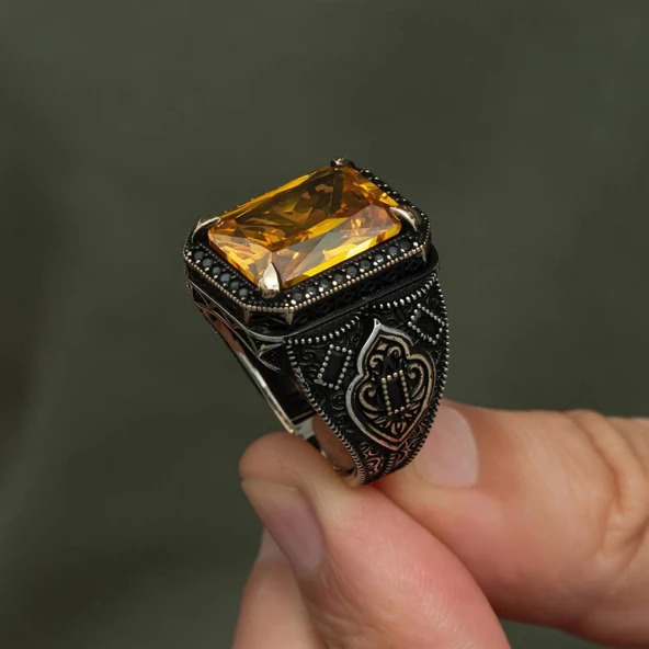 Sitrin Taşlı 925 Gümüş Erkek Yüzük - 5