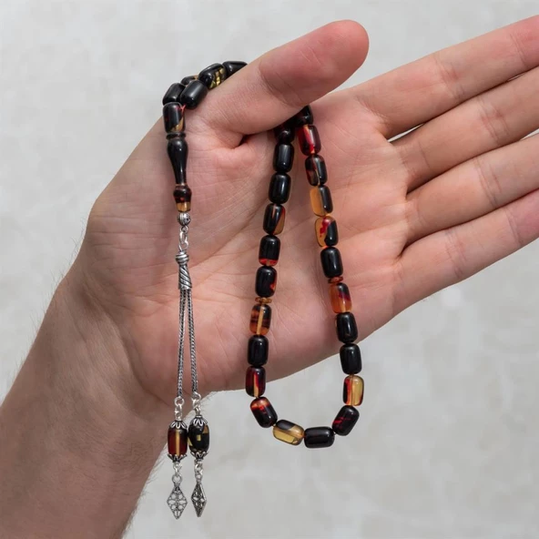 925 Ayar Gümüş Püsküllü Kapsül Kesim Kehribar Tesbih - 3