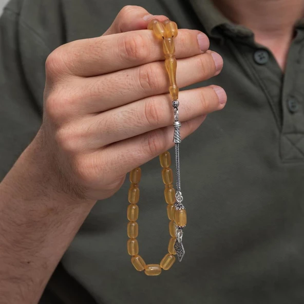 925 Ayar Gümüş Püsküllü Kapsül Kesim Açık Sarı Kehribar Tesbih - 2