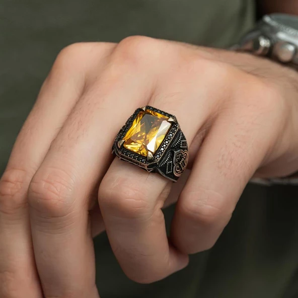 Sitrin Taşlı 925 Gümüş Erkek Yüzük - 7