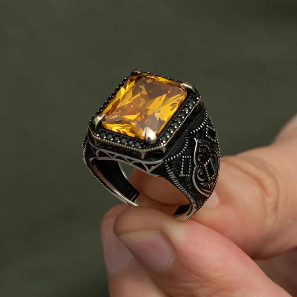 Sitrin Taşlı 925 Gümüş Erkek Yüzük - 6