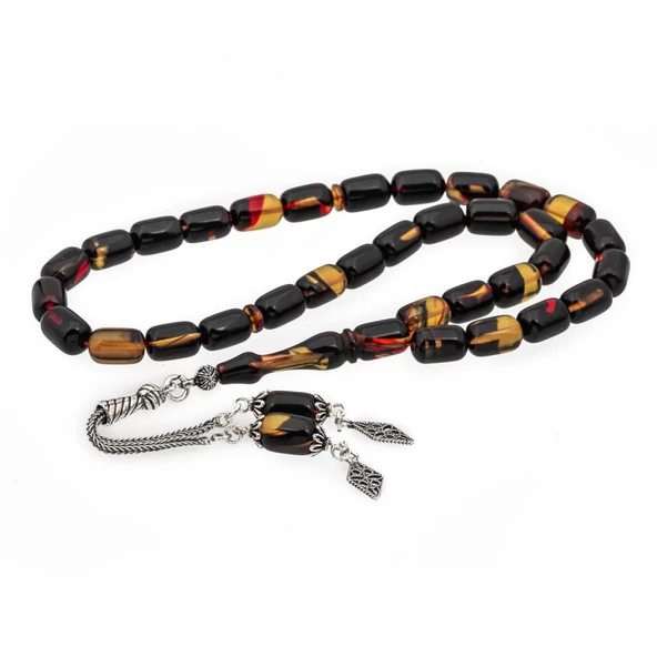 925 Ayar Gümüş Püsküllü Kapsül Kesim Kehribar Tesbih