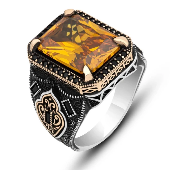 Sitrin Taşlı 925 Gümüş Erkek Yüzük - 2