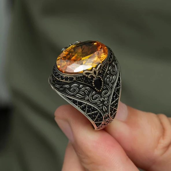 Sitrin Taşlı 925 Gümüş Erkek Yüzük - 7