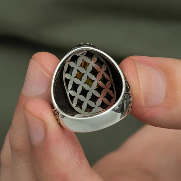 Sitrin Taşlı 925 Gümüş Erkek Yüzük - 8