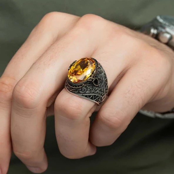 Sitrin Taşlı 925 Gümüş Erkek Yüzük - 3