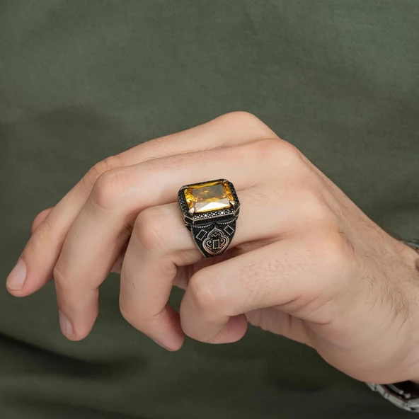 Sitrin Taşlı 925 Gümüş Erkek Yüzük - 8