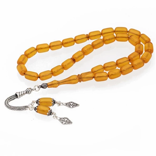 925 Ayar Gümüş Püsküllü Kapsül Kesim Açık Sarı Kehribar Tesbih