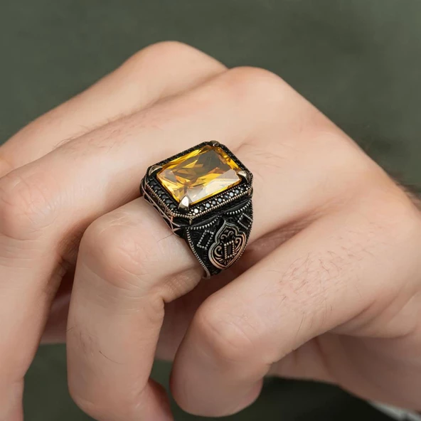 Sitrin Taşlı 925 Gümüş Erkek Yüzük - 4