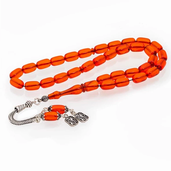 925 Ayar Gümüş Püsküllü Turuncu Renk Kapsül Kesim Kehribar Tesbih