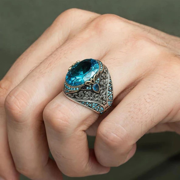 Oval Aqua Mavisi Taşlı 925 Gümüş Erkek Yüzük - Resim 3