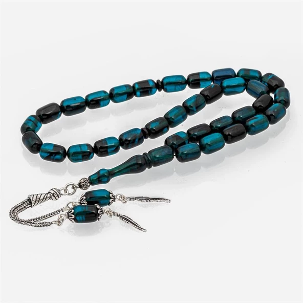 925 Ayar Gümüş Püsküllü Lacivert Renk Kapsül Kesim Kehribar Tesbih