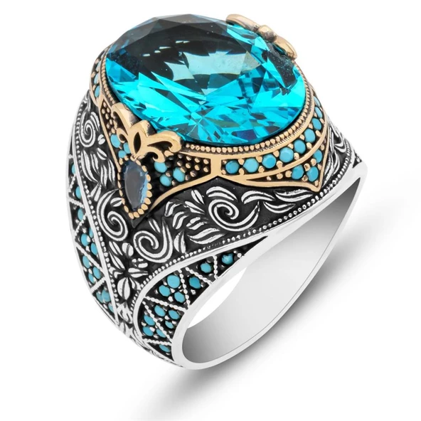 Oval Aqua Mavisi Taşlı 925 Gümüş Erkek Yüzük - Resim 2