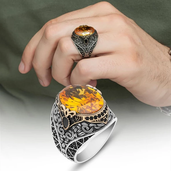 Sitrin Taşlı 925 Gümüş Erkek Yüzük