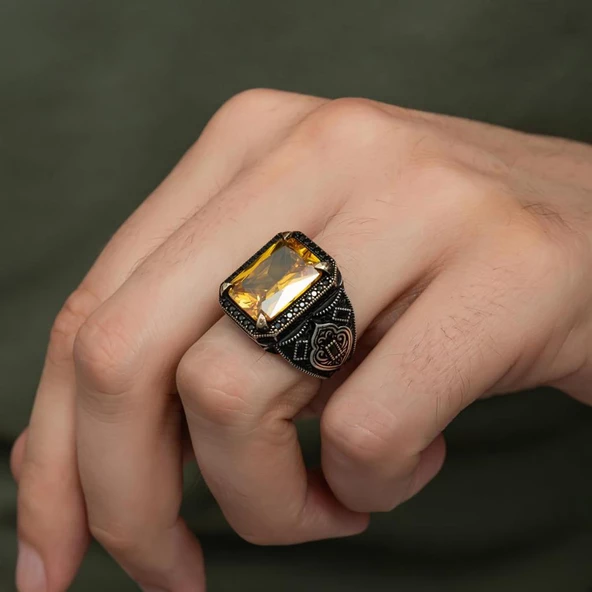 Sitrin Taşlı 925 Gümüş Erkek Yüzük - 3