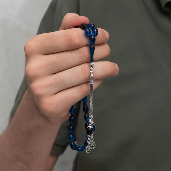 925 Ayar Gümüş Püsküllü Lacivert Siyah Kehribar Tesbih - 2