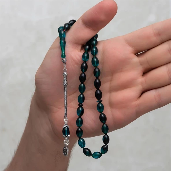 925 Ayar Gümüş Püsküllü Turkuaz Kehribar Tesbih - 4