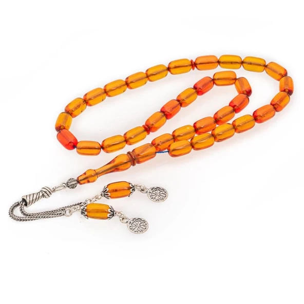 925 Ayar Gümüş Püsküllü Kapsül Kesim Sarı Kehribar Tesbih