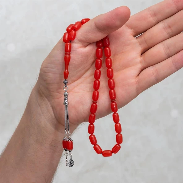 925 Ayar Gümüş Püsküllü Turuncu Renk Kapsül Kesim Kehribar Tesbih - 3