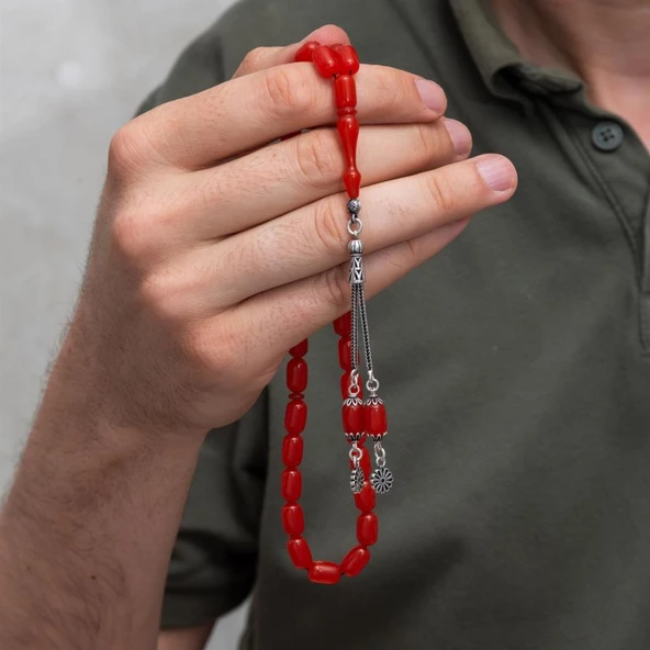 925 Ayar Gümüş Püsküllü Turuncu Renk Kapsül Kesim Kehribar Tesbih - 2